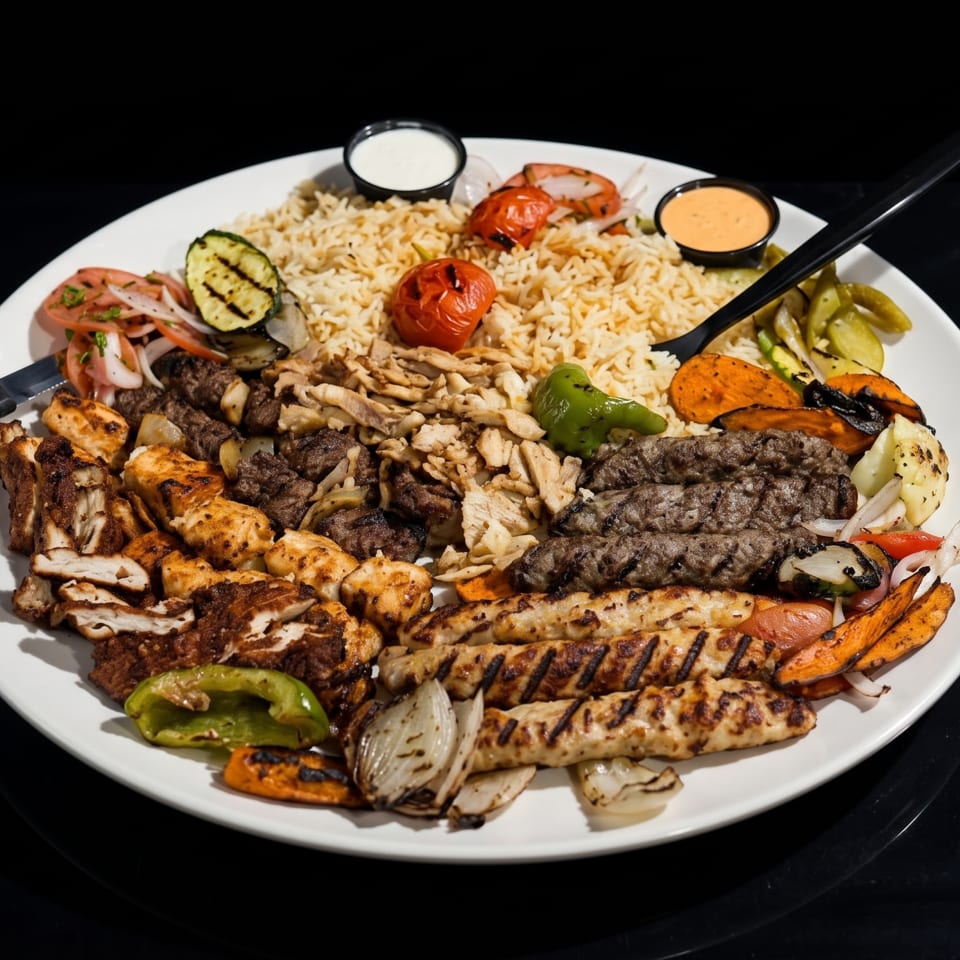 A large platter of grilled meats, rice, roasted vegetables, and sauces on a white plate.