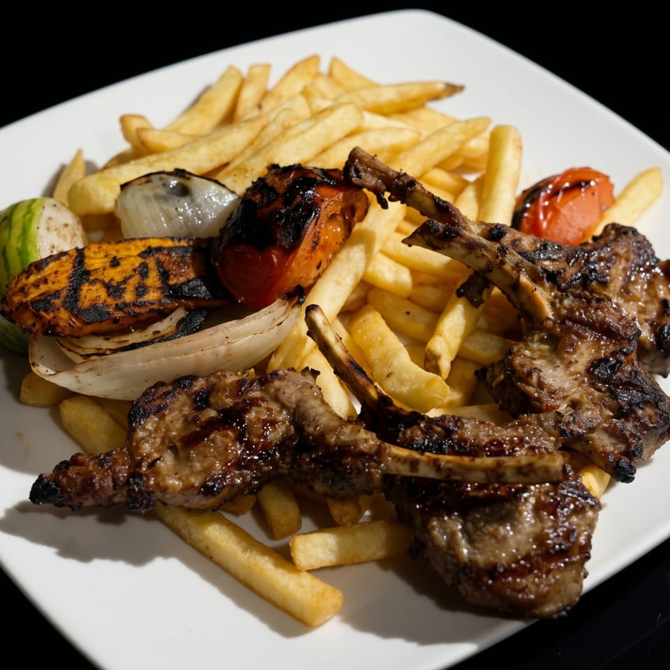 Grilled lamb chops with french fries and charred vegetables on a white plate.