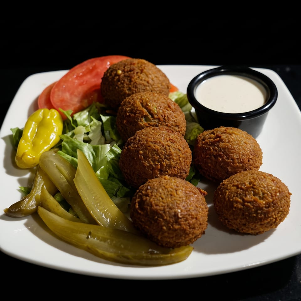 A plate of falafel with lettuce, tomato, pickles, a yellow pepper, and a side of white sauce.