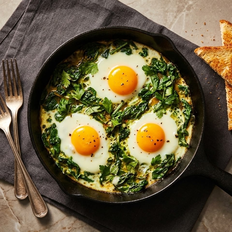 Three fried eggs with spinach in a cast iron skillet, served with toast and forks.