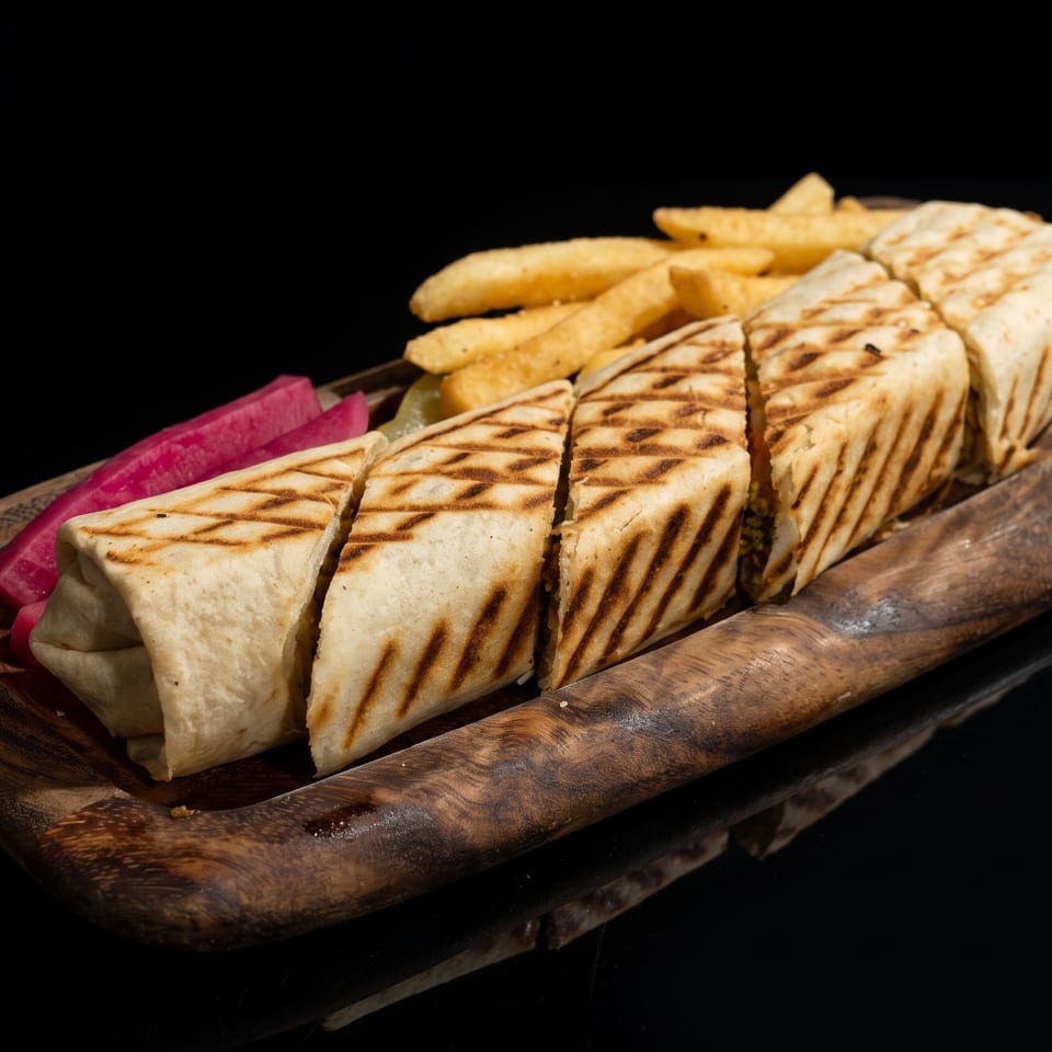 Grilled chicken shawarma wrap, cut into pieces, with french fries and pickled turnips on a wooden tray.
