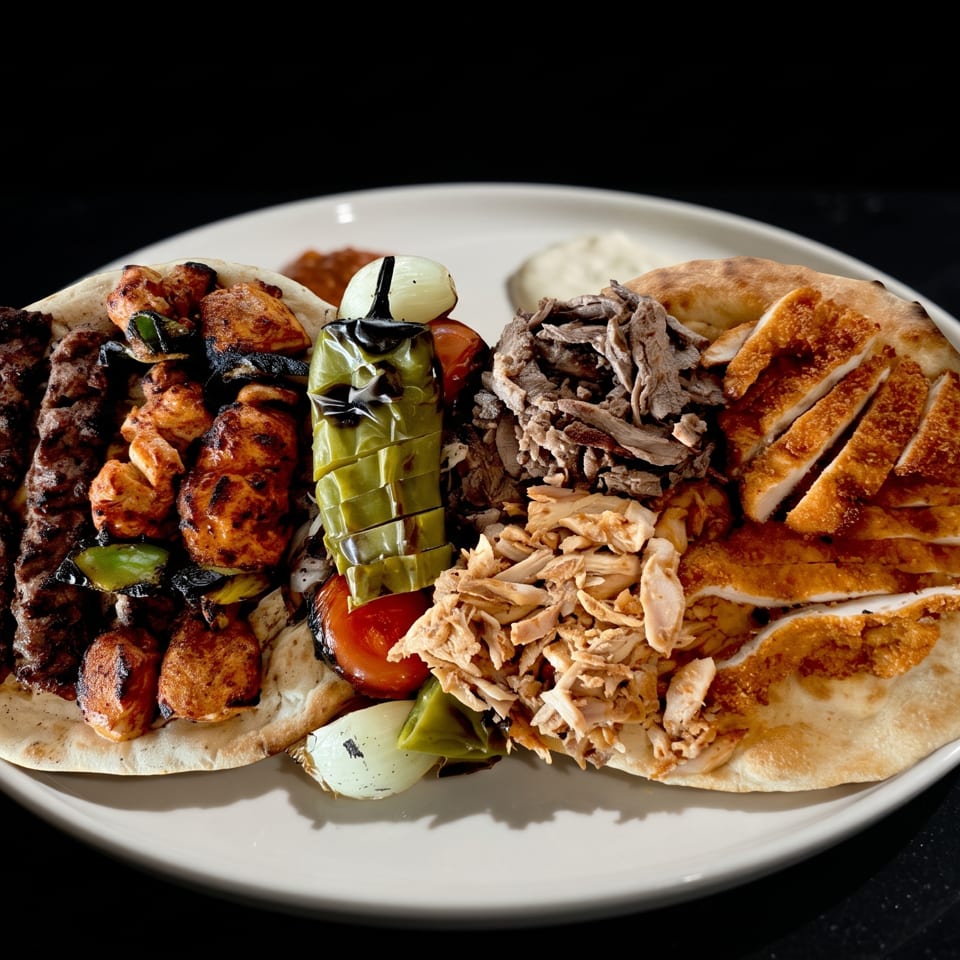 A large platter of grilled meats, including kebabs, chicken, and shawarma, served on flatbread.