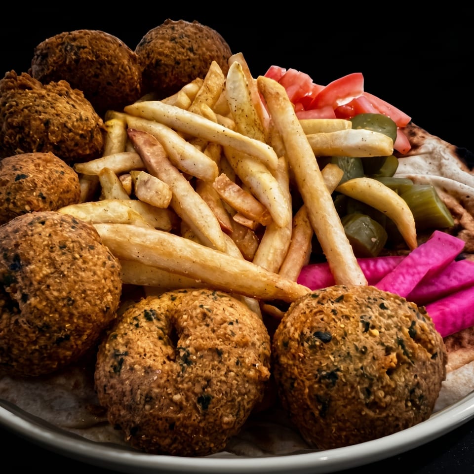 Falafel platter with fries, tomatoes, pickles, and pink pickled turnips on pita bread.