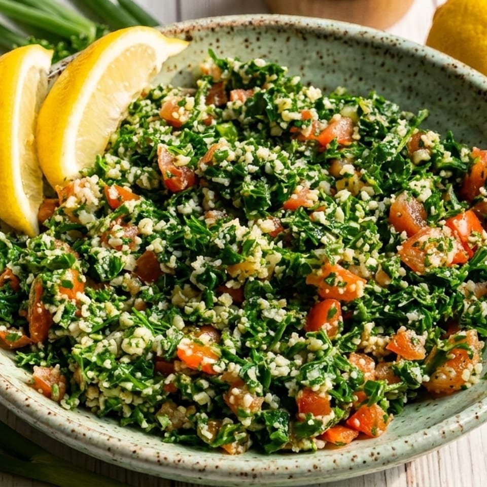 Fresh tabbouleh salad with chopped parsley, tomatoes, and bulgur, garnished with lemon wedges.
