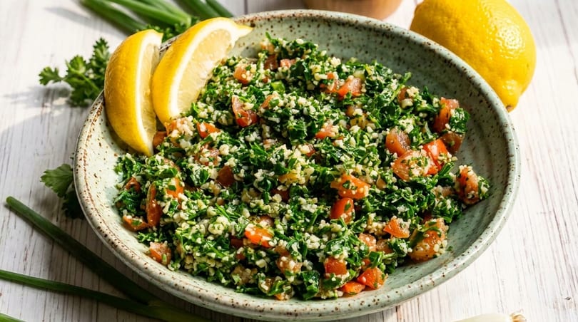 Fresh tabbouleh salad with chopped parsley, tomatoes, bulgur, and lemon wedges in a bowl.